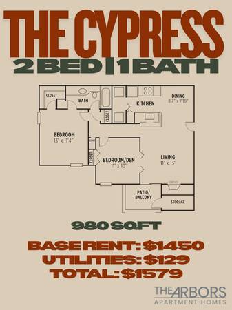 $1,450 / 2br - 980ft2 - *GET $250 DOLLARS OFF YOUR FIRST 2 MONTH’S RENT AT THE ARBORS TUCKER* (Tucker, GA)63964401805443120