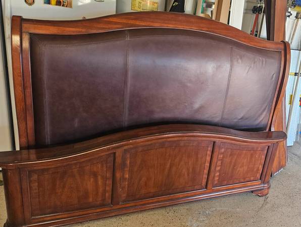 WOW! Beautiful Solid Cherry King Bed Frame w/Leather Headboard 1