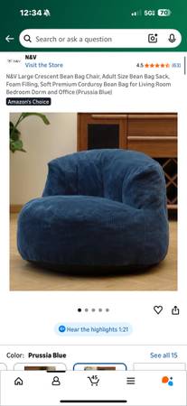 Large Crescent Bean Bag Chair – Soft Corduroy – Adult Size – Prussia Blue 1