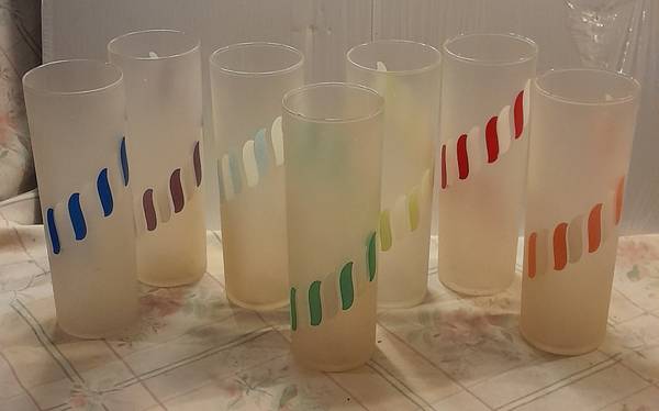 8 MCM Libbey Candy Stripe Tall Frosted Tom Collins - Iced Tea Glasses 1