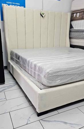 NEW IN BOX King And Queen Size Beige Fabric Bed Frame 1