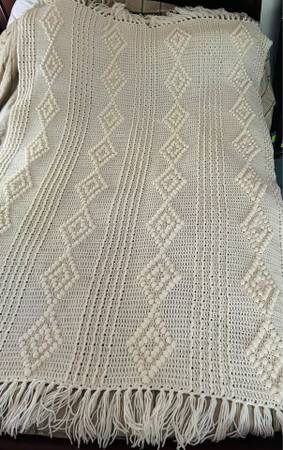 Vintage handmade crochet blanket. 73” Long not including fringe X 54” 1