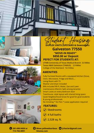 $850 / 4br - 2856ft2 - 5 Habitaciones Privadas, Unidades en Dúplex (Galveston)63762871417731120