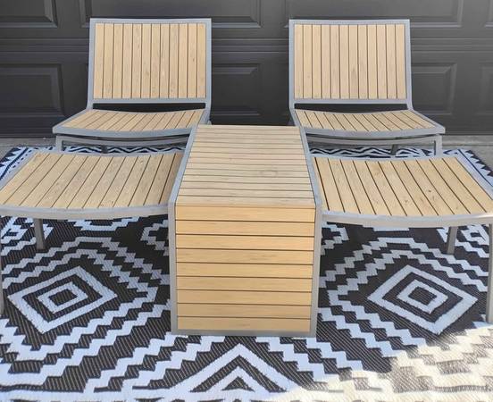 Two modern Patio chairs with ottomans and side table 1