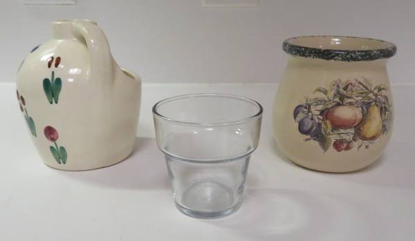 Two Ceramic Flower Pots & one Small Glass Pot 1