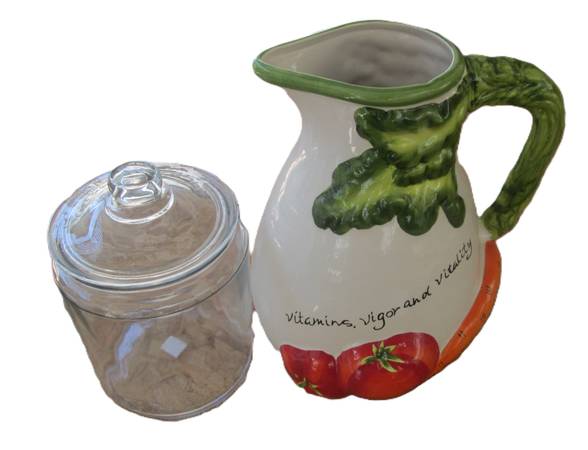 Large Ceramic Pitcher and Covered Apothecary Glass Container 1