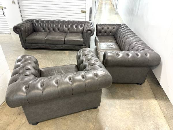 Gray Leather chestefield two sofas and chair 1