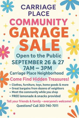 Carriage Place Community Garage Sale – Sept 26 & 27 1
