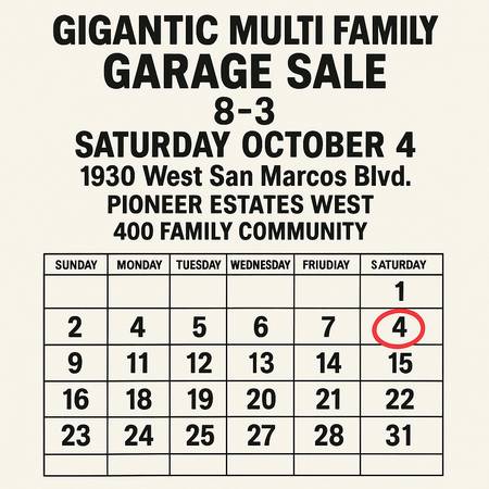 Large Community Garage Sale - Saturday, Oct. 4, from 8am to 3pm, (1930 W. San Marcos Blvd.)63914315114114121