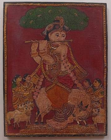 Krishna Playing the flute Tanjore Painting India Antique 1