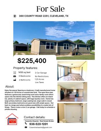 $225,400 / 1456ft2 - 3 bedroom 2 bath 2 car garage on 1.25 acres (Cleveland)63906677543554120