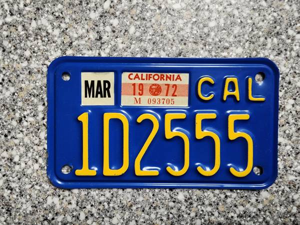 1972 California Motorcycle License Plate, Original, DMV Clear Guarante 1