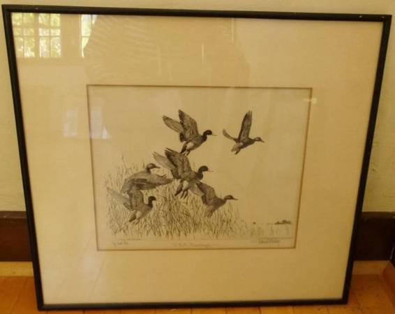Richard Bishop, framed etching, flying ducks. 1930s-50s 1