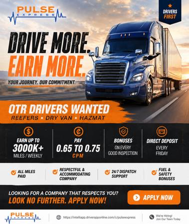 CDL DRIVERS WANTED - 0.65 - 0.75 - 3000+ MILES 1