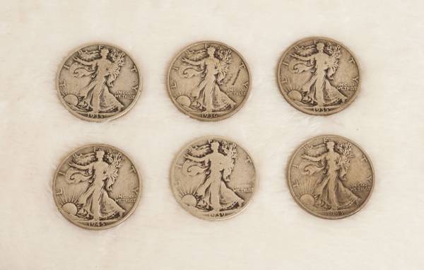 Silver Walking Liberty Half Dollars, Lot of 6 1