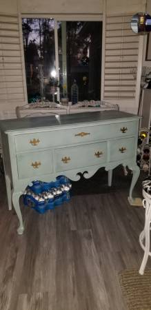 Vintage solid wood wooden buffet dresser painted oceanic seamist light 1