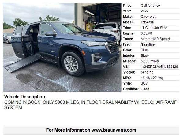 2022 CHEVY TRAVERSE SUV RAMPA PARA SILLA DE RUEDAS SISTEMA BRAUN BAJA CANTIDAD DE MILLAS - $64,999 (Seekonk MA , Concesionario Platinum BraunAbility)63623750984451121