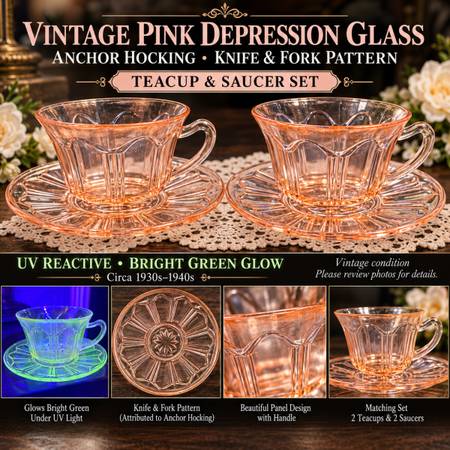 HOCKING GLASS CO. COLONIAL KNIFE & FORK PINK CUP & SAUCER 4 SETS Uranium “GLOW 1