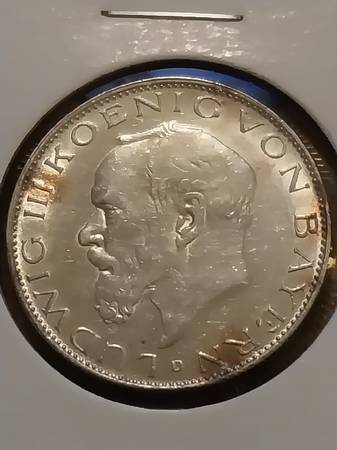 1914-D German States Bavaria 2 Mark Silver Coin 1
