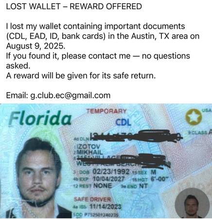 LOST WALLET with CDL, EAD & ID – Austin (Reward Offered) 1