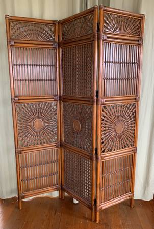 Vintage Rattan 3 Panel Sunburst Room Divider Screen 1