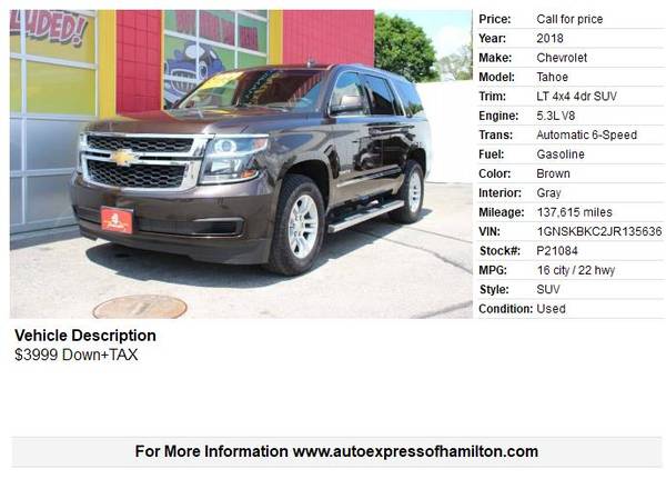 2018 Chevrolet Tahoe LT $3999 DOWN + TAX, BUY HERE / PAY HERE - $3,999 (Hamilton)63470599698819121
