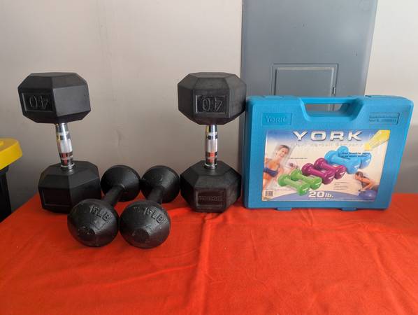 York dumbbell set and 2-15lb dumbbells 1