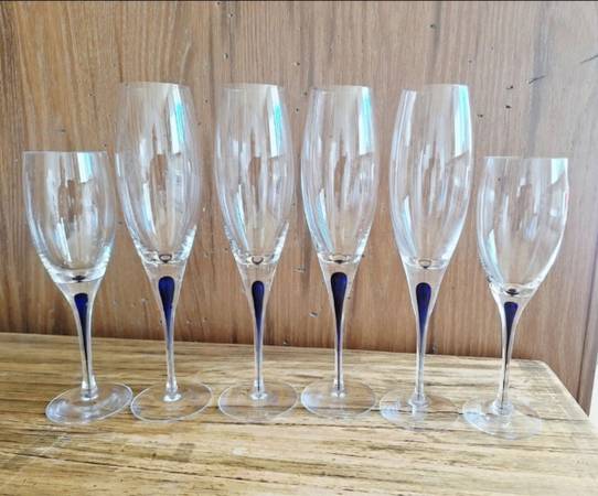 6 Orrefors Intermezzo Blue & Clear Teardrop Champagne Wine crystal glasses 1