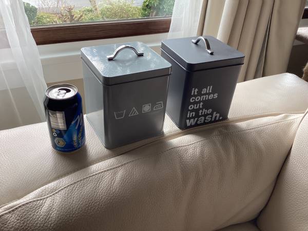 METAL STORAGE BOXES, LAUNDRY, GARDEN SEEDS, KITCHEN STORAGE, ETC. EACH 1