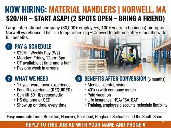 Material Handler / Warehouse Associate – $20/hr – Norwell 1