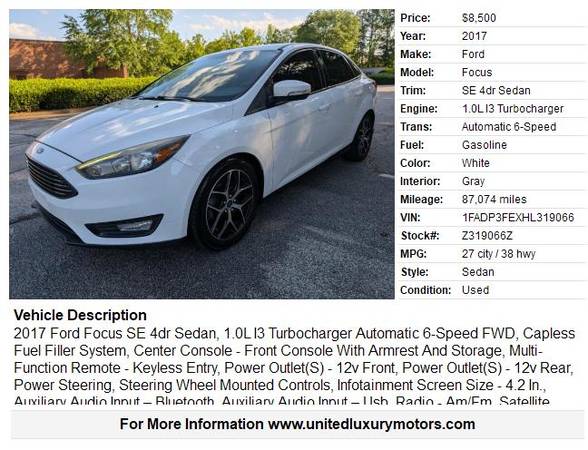 2017 Ford Focus SE 4dr Sedan - $8,500 (Stone Mountain)63620947182593121