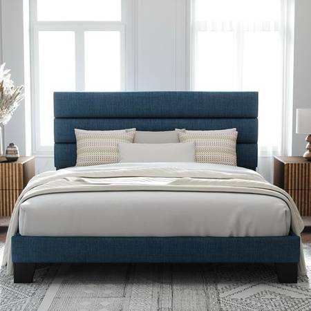 King Size Platform Bed Frame with Fabric Upholstered Headboard and Wooden Slats  1