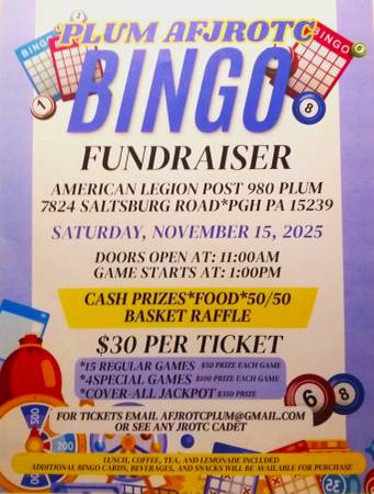 BINGO/CHINESE AUCTION/50-50 CASH RAFFLE FUNDRAISER FOR PLUM AF JROTC 1