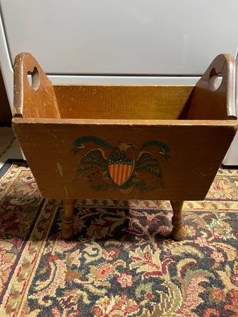 Vintage Solid Wood Magazine Rack w/painted american eagle logo 1