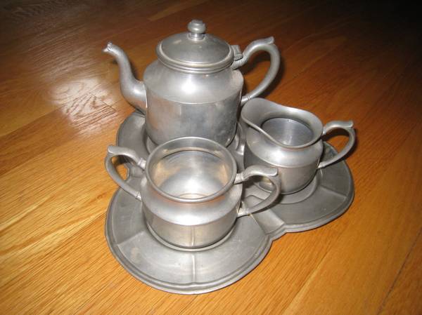 New England Solid Pewter Carr Craft Pitcher, Sugar, Creamer & Tray Set 1