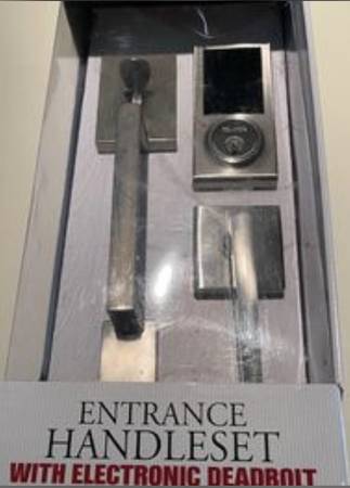 Delaney Hardware handle set, deadbolt, Vida lever, satin nickel finish 1