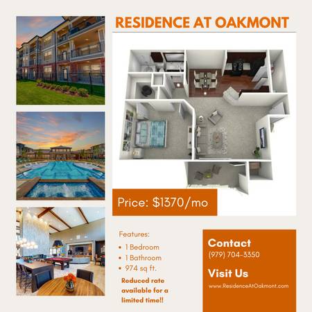 $1,370 / 1br - 974ft2 - Oversized 1 Bedroom Apartment - Reduced Rate Available! (Bryan)63884888969475120