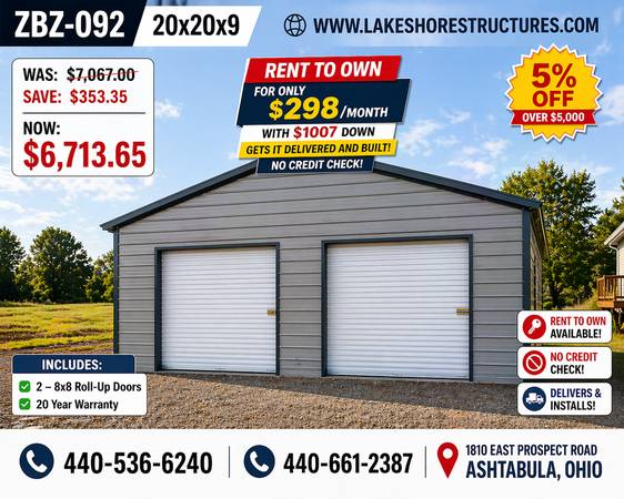 20x21x9 all steel garage free delivery and install rent to own no cred 1
