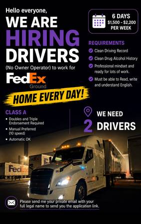 *****CDL A DRIVER ****** Fedex Ground Linehaul Driver Opportunity 1