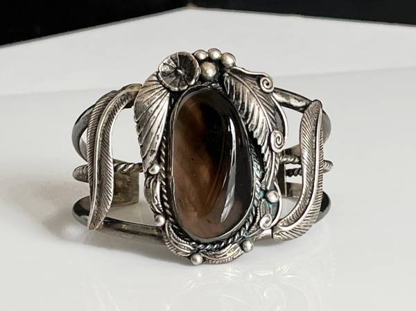 VTG Signed Navajo Sterling Silver Smoky Quartz Cuff Bracelet Sz 6 1/2" 1