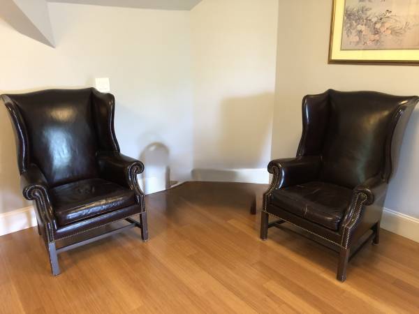 Vintage High Back Bordeaux Wing Chairs with Ottomans - Sold as a pair 1