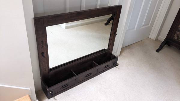 Vintage Wooden Entry Mirror with Cubby Storage, Coat Hooks 1