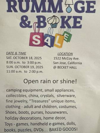 Huge Rummage & Bake Sale at St. Tomas Church SAT & SUN 1