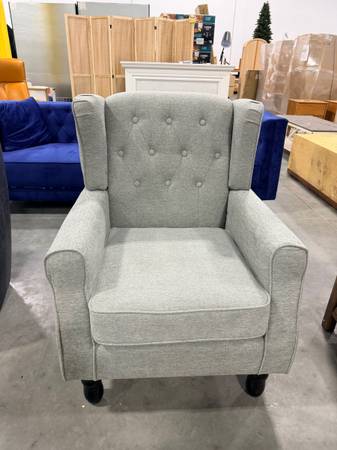 Modern Gray Linen Upholstered Button High Back Accent Arm Chair 1