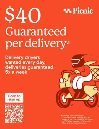 Picnic Delivery Driver Guaranteed $40 dollar Delivery M-F 1
