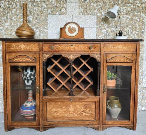 Antique Solid Wood Buffet With Drop Down Cabinet And Gold Inlay (Deliv 1