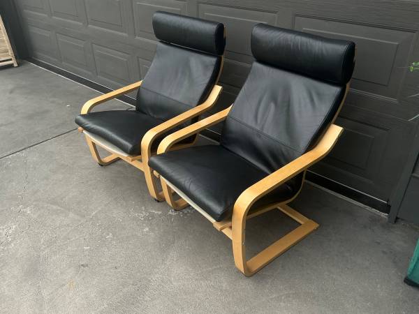 Pair of Black Genuine Leather Lounge Chairs 1
