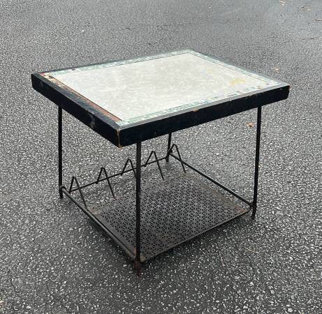 Antique Mid Century Mosaic Top Iron Record Player Stand Side Table 1