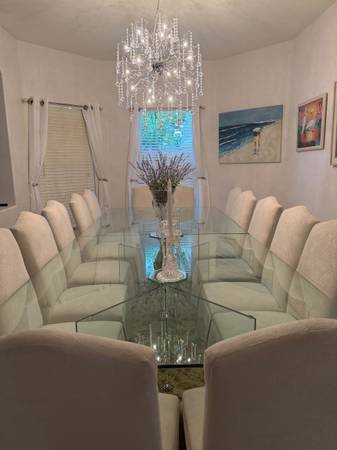 2 part Glass Dining Table and 14 white chairs 1