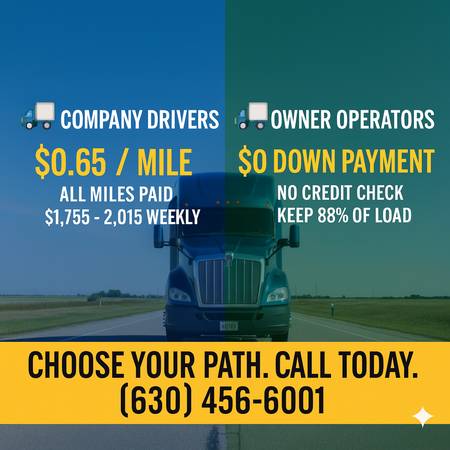 COMPANY DRIVERS: $0.65/MI + NEW TRUCKS | OWNER OPS: $0 DOWN, TOP PAY 1